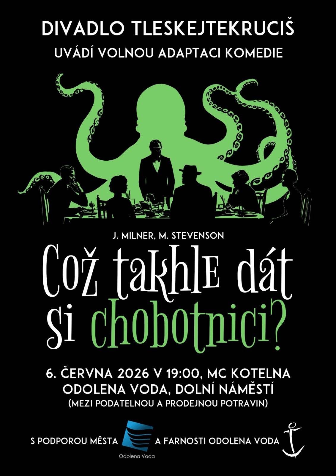 Dovolujeme si Vás pozvat do Galerie Kotelna v Odoleně Vodě na divadlo 6. června 2026 od 19 hodin. Divadlo Tleskejtekruciš uvede hru Což takhle dát si chobotnici? Moderní komedie plná překvapivých zvratů nás zavede do obýváku jednoho konzervativního a uťáplého pojišťováka, kterému během pár minut obrátí život naruby nejhorší lupič na světě. Kdo by však čekal neobyčejné přátelství a kýčovitý happy end, ten je na omylu. Tenhle příběh je trochu bláznivější a rozuzlení naopak až příliš realistické. Přijďte se sami přesvědčit, moc se na Vás těšíme. Vstupné je jako vždy dobrovolné!