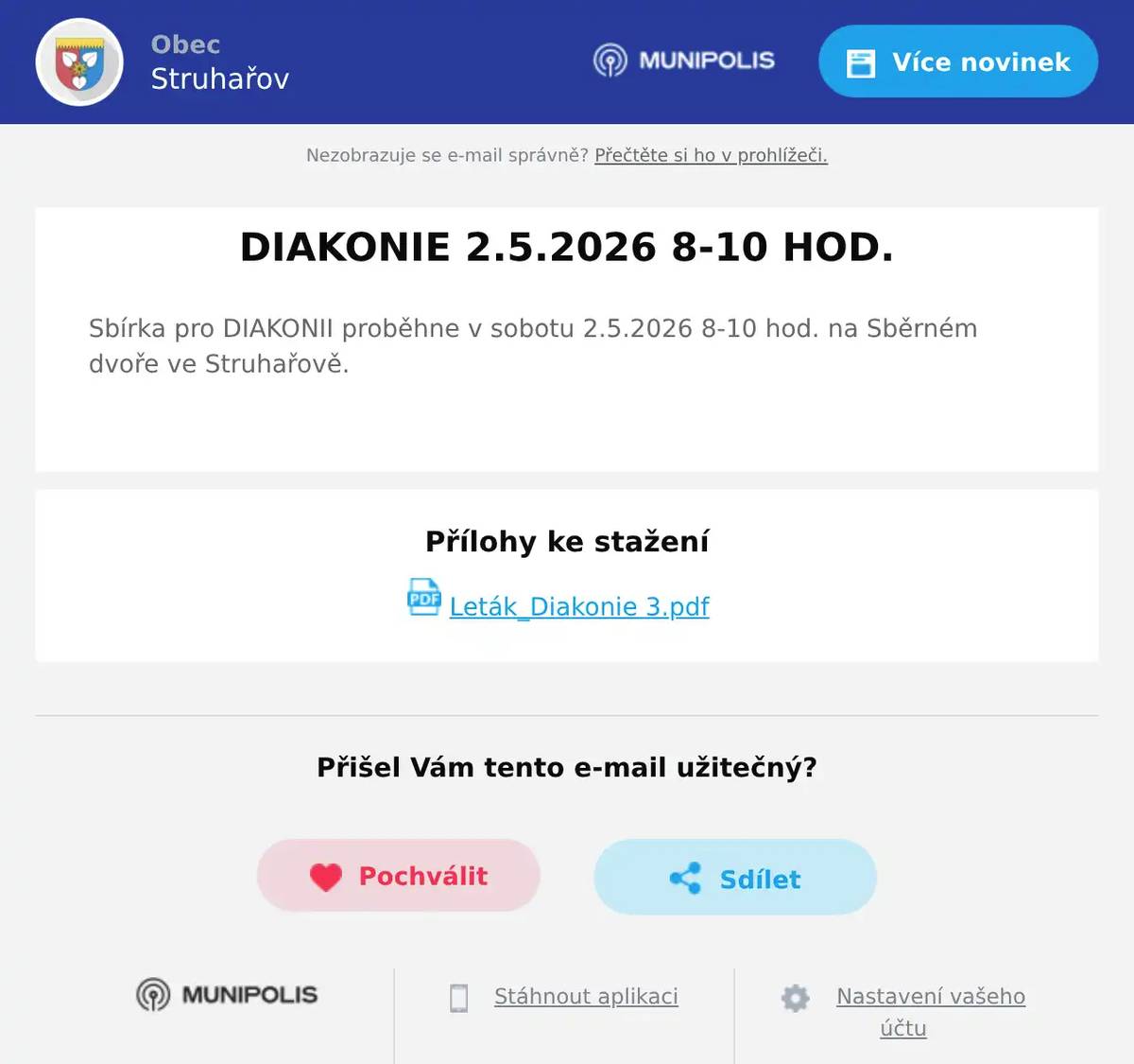 Sbírka pro DIAKONII proběhne v sobotu 2.5.2026 8-10 hod. na Sběrném dvoře ve Struhařově. 