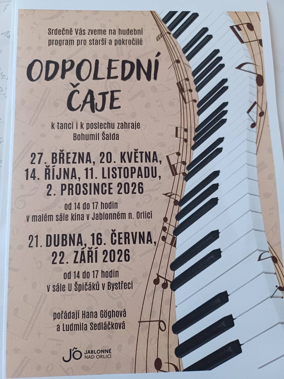 Dobrý den, zveme vás na oblíbené Taneční setkání pro starší a pokročilé! Přijďte si užít odpoledne plné pohybu, setkávání a dobré nálady.   Kdy: Zítra, v úterý 21. 4. od 14:00 do 17:00 hodin   Kde: Sál v Hostinci u Špičáků v Bystřeci K tanci i poslechu hraje živá hudba. Bohaté občerstvení a tombola. Těšíme se na vaši návštěvu            Hana Göghová & Ludmila Sedláčková