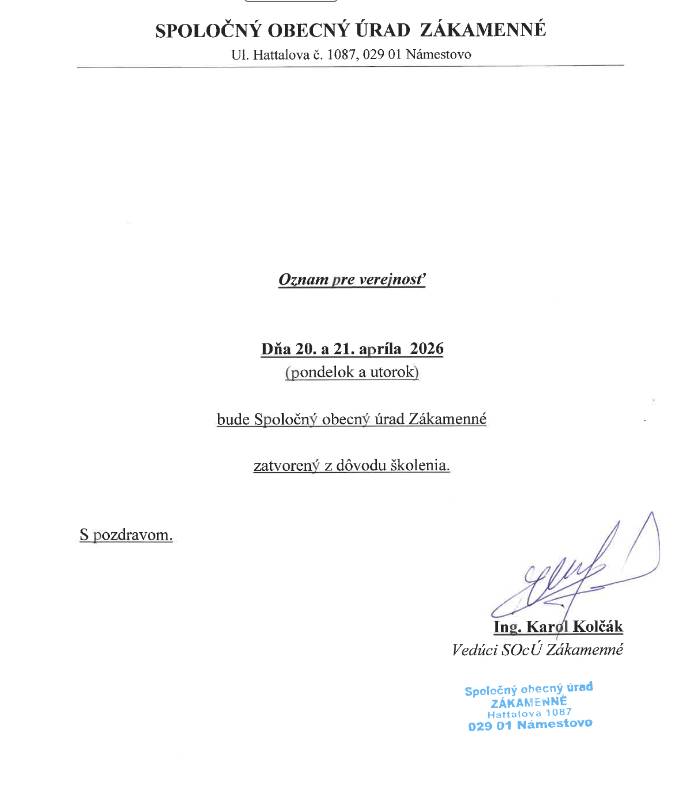 20. a 21. apríla 2026 z dôvodu školenia