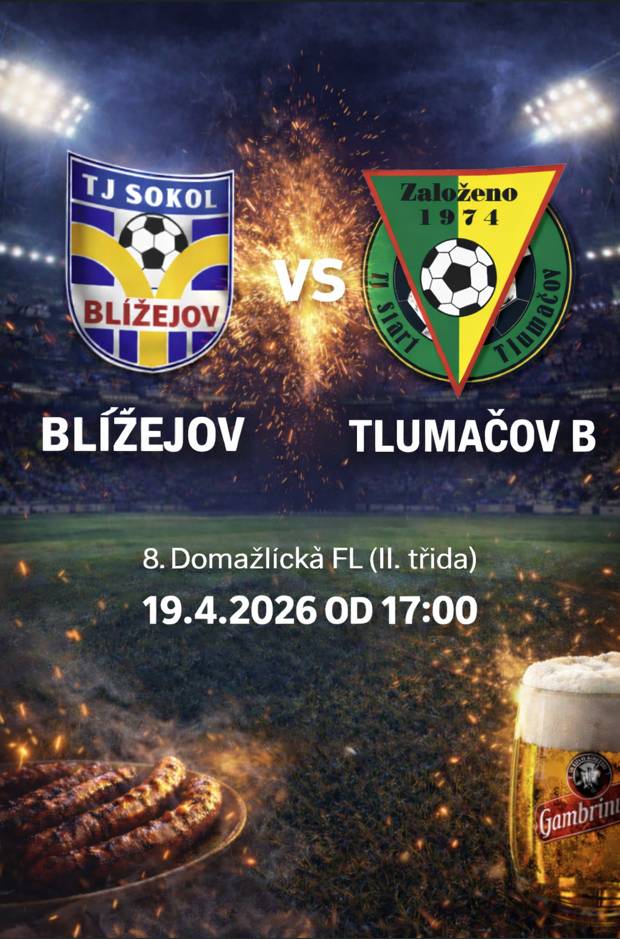 Vás srdečně zve na domácí mistrovské utkání proti mužstvu TLUMAČOV B.   V neděli 19.04.2026 od 17:00 hodin.  Občerstvení zajištěno.