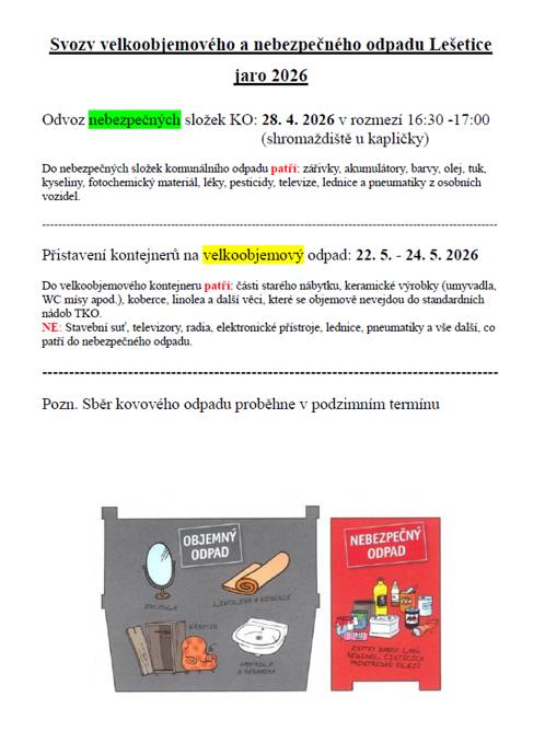 Svoz nebezpečného (28.4.) a velkoobjemového odpadu (22.-24.5.) v jarních termínech