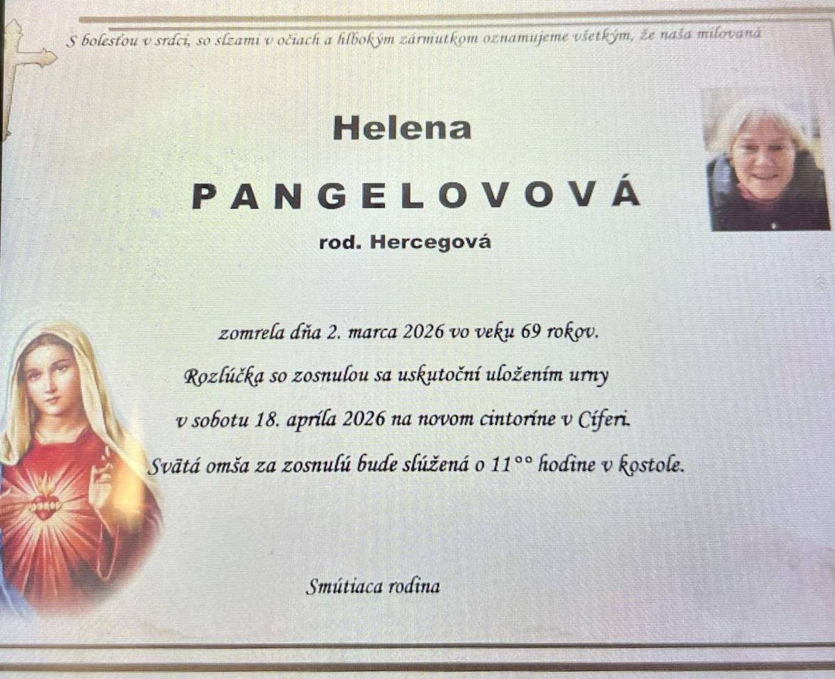 Naša bývalá spoluobčianka nás navždy opustila 2.marca 2026. Posledná rozlúčka so zosnulou sa uskutoční uložením urny v sobotu 18.4.2026 na Novom cintoríne v Cíferi a to po svätej omši, ktorá bude za zosnulú slúžená o 11,00 hodine.