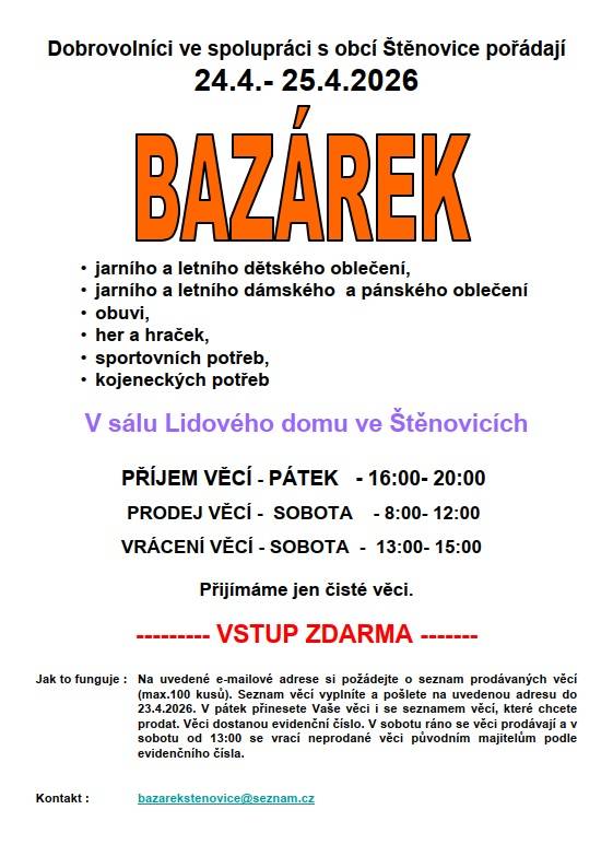 Dobrovolníci spolu s obcí Štěnovice pořádají BAZÁREK jarního oblečení, hraček, bot, sportovních potřeb a dalšího...