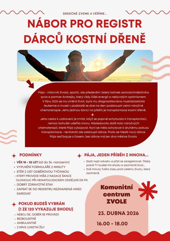 Nábor dárců kostní dřeně v Komunitním centru Zvole 23.dubna 16:00-18:00