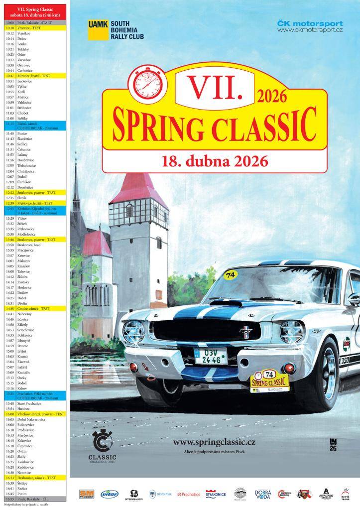 Milovníci automobilových veteránů se mohou těšit na Spring Classic, který se koná v sobotu 18. dubna 2026. Téměř 120 posádek se představí s historickými vozy, které psaly automobilovou historii. Hlavní program začne v Písku v 10:00 a trasa povede přes Orlík, Blatnou a Strakonice.