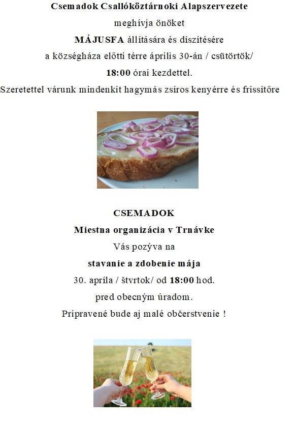 Csemadok Csallóköztárnoki Alapszervezete  meghívja önöket  MÁJUSFA állítására és díszítésére  a községháza előtti térre április 30-án / csütörtök/  18:00 órai kezdettel.  Szeretettel várunk mindenkit hagymás zsíros kenyérre és frissítőre!