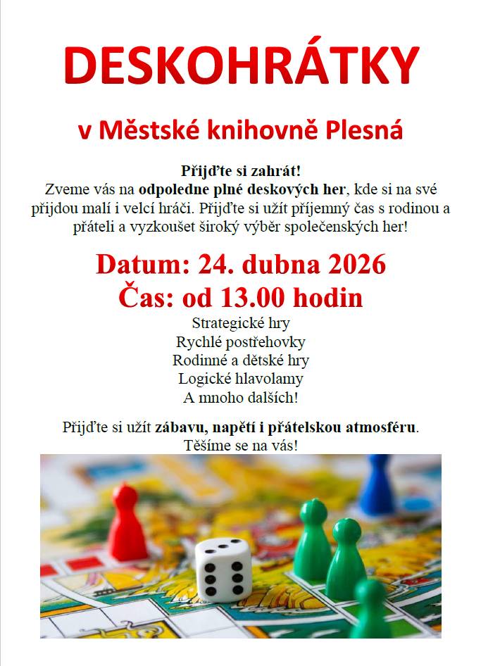 Přijďte si zahrát!  Zveme vás na odpoledne plné deskových her, kde si na své přijdou malí i velcí hráči. Přijďte si užít příjemný čas s rodinou a přáteli a vyzkoušet široký výběr společenských her!