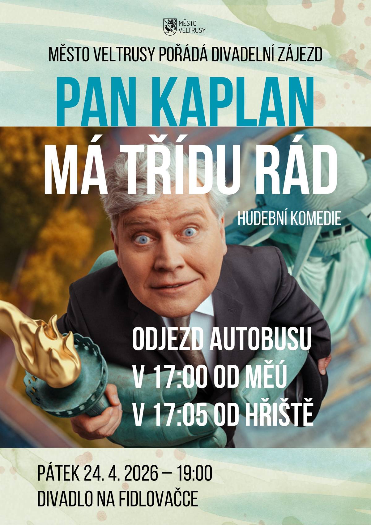 V pátek 24. dubna 2026 pořádá město divadelní zájezd do Divadla Na Fidlovačce. Odjezd autobusu je naplánovaný na 17:00 od parkoviště u MěÚ Veltrusy, následně zastaví autobus také u fotbalového hřiště. Začátek představení v 19:00, délka představení včetně přestávky cca 2,5 hod. Více o představení: https://www.veltrusy.cz/mesto/aktuality/divadelni-zajezd-pan-kaplan-ma-tridu-rad-plne-obsazeno