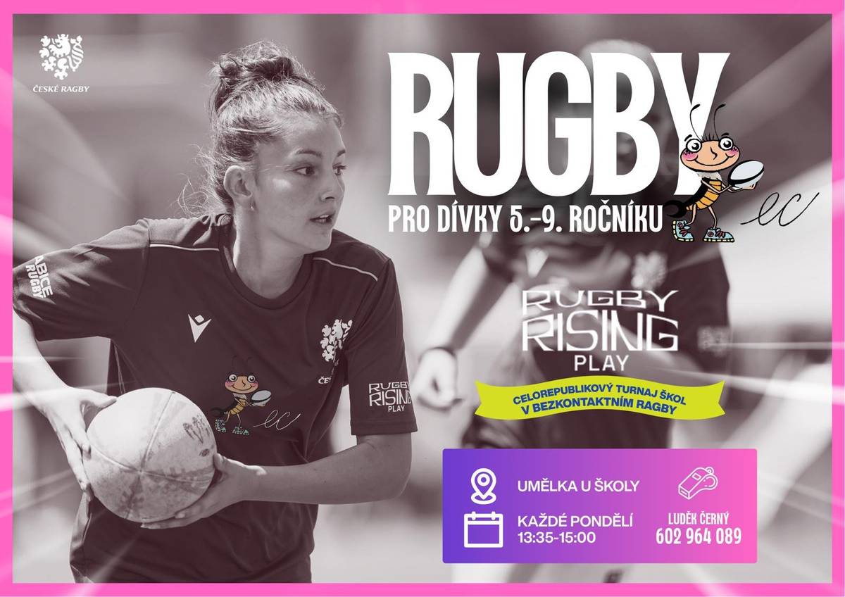 “Rugby Rising Play” je program vytvořený organizací World Rugby speciálně pro dívky bez předchozí zkušenosti s ragby. Zahrnuje deset strukturovaných tréninků ragby bez skládek (touch rugby), které postupně seznamují se základy hry i hodnotami ragby. Těšíme se na vás každé pondělí od 13:35 na Oválu.     Soutěž probíhá ve 42 zemích světa, v Čechách pod záštitou České ragbyové unie. Vybraná centra (většinou školy) z celé republiky zakončí projekt turnajem, který letos proběhne ve Sportovním areálu v Babicích a to v sobotu 30. května.  Celý program je zdarma. Hráčky dostanou na závěrečný turnaj sportovní triko, které jim zůstane. Na tréninky i turnaj potřebujete jen běžné sportovní oblečení, kopačky jsou výhodou, ale ne podmínkou. Těšíme se na vás každé pondělí od 13:35 na Oválu u sokolovny!