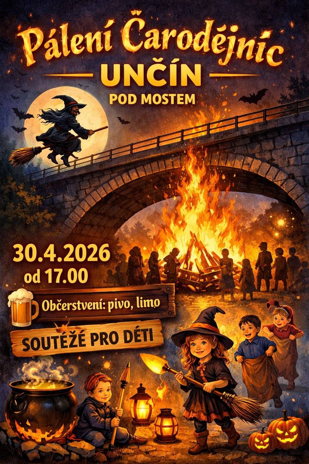 30 dubna bude od 17:00 probihat pod mostem paleni carodejnic : pivo, limo zajisteno ,budou probihat souteze pro deti, spekacek na ohen si veme kazdy sam. Drevo na hranici navezte po dohode s organizatory pripadne starostou na urcene misto.