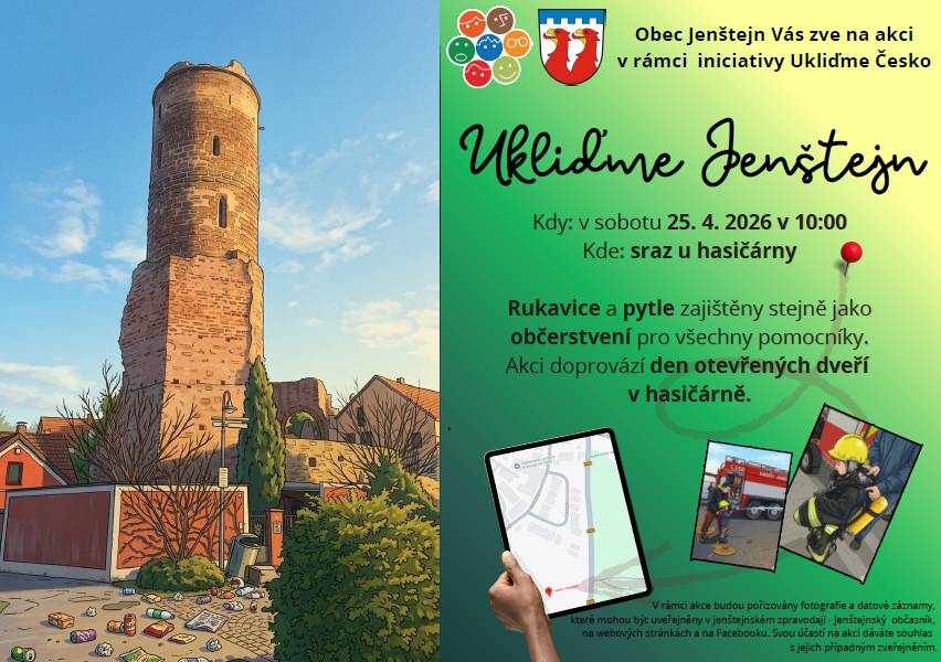 Přidejte se k nám a ukliďme naši obec!  V sobotu 25. 4. 2026 Vás zveme na akci v rámci iniciativy Ukliďme Česko: Ukliďme Jenštejn. Pojďme společně zbavit okolí odpadků – ať už podél cest, u hřišť nebo v přírodě.