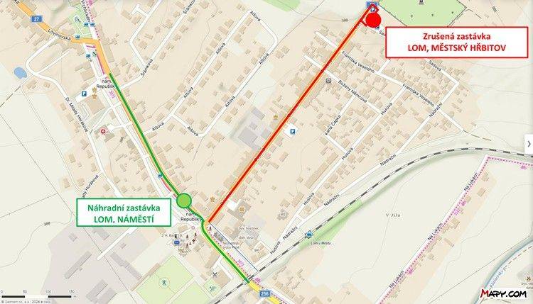 Upozorňujeme cestující, že v platností od 16. dubna 2026 do odvolání je z důvodu celkové opravy ulice Sadová v Lomu, dočasně zrušena zastávka LOM, MĚSTSKÝ HŘBITOV pro linku č. 13 a pro školní autobus.