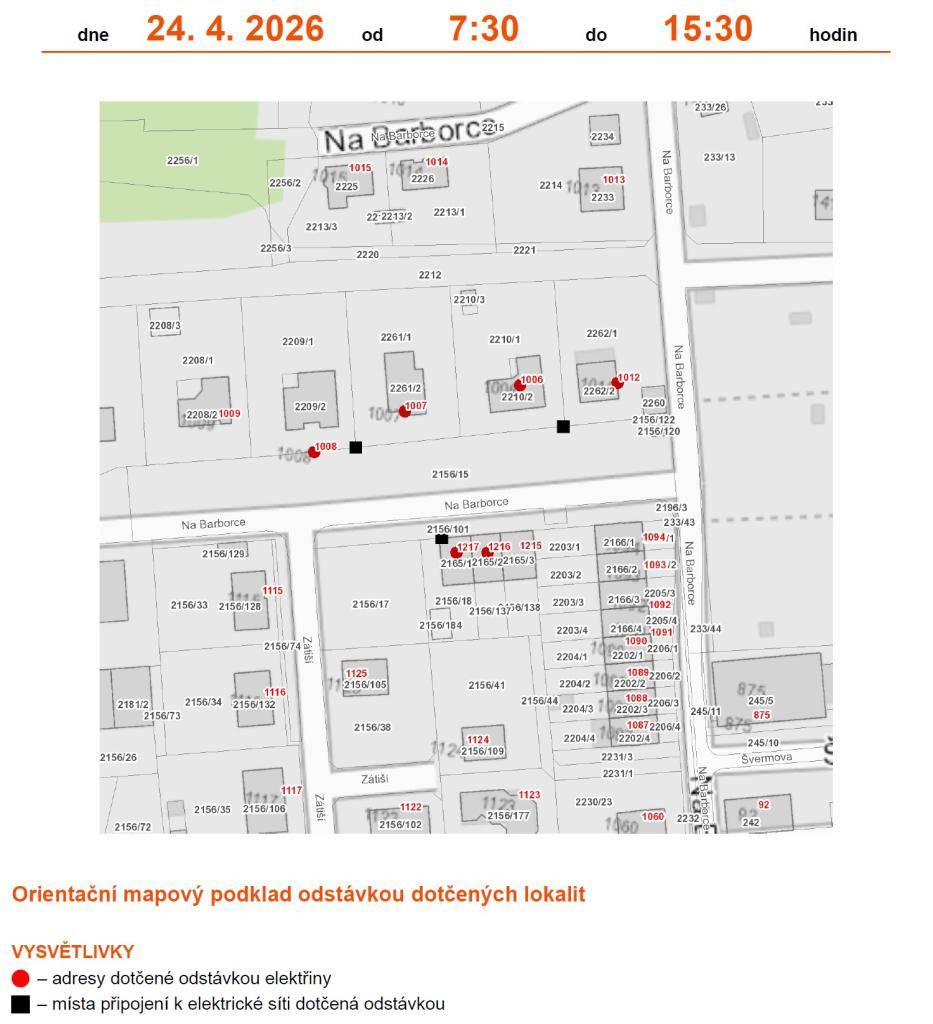 Dne 24.04.2026 od 7:30 do 15:30 bude plánovaná odstávka elektřiny v obci Podbořany.