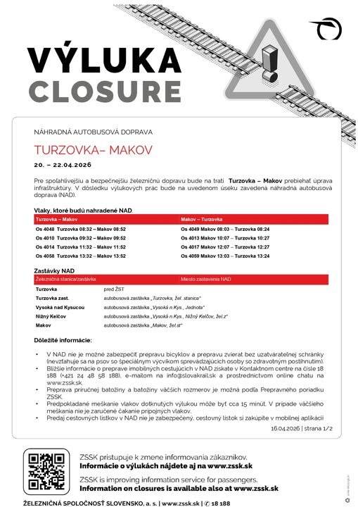Vlaky - výluka - Turzovka - Makov od 20.-22.04.2026