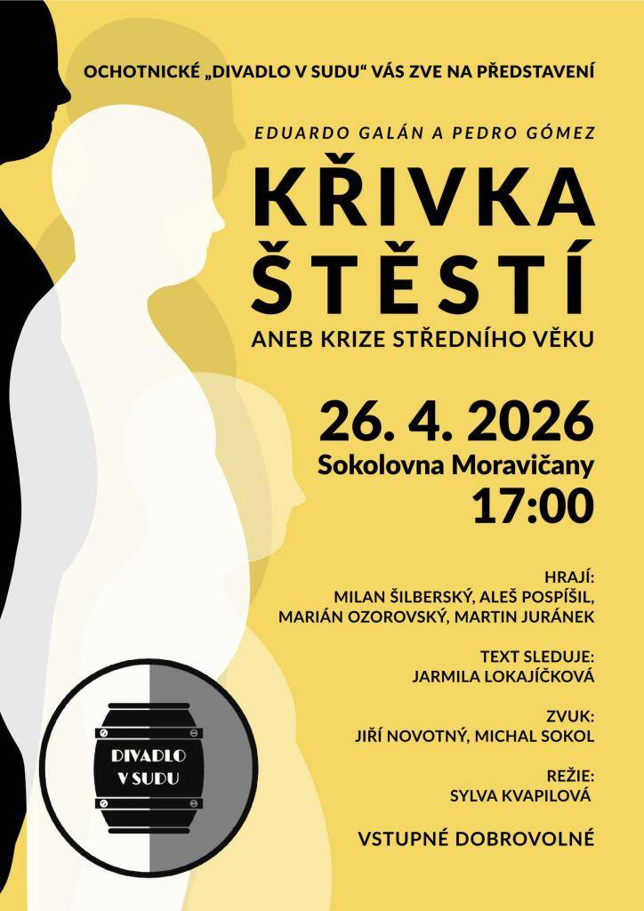 Ochotnické „DIVADLO V SUDU“ vás zve na přestavení KŘIVKA ŠTĚSTÍ aneb krize středního věku  VSTUPNÉ DOBROVOLNÉ