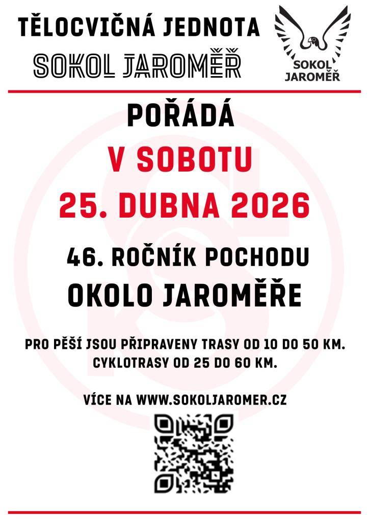 Přijďte se zúčastnit 46. ročníku pochodu okolo Jaroměře, který se koná v sobotu 25. dubna 2026. Pro pěší účastníky jsou připraveny trasy od 10 do 50 km a pro cyklisty cyklotrasy od 25 do 60 km.