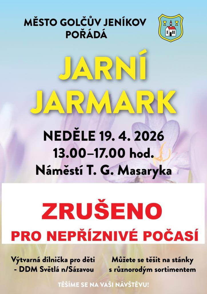 Omlouváme se, ale z důvodu nepříznivé předpovědi počasí na zítřejší den 19.4. rušíme konání Jarního jarmarku. Akce se uskuteční v náhradním termínu, o kterém budeme včas informovat. Děkujeme za pochopení.