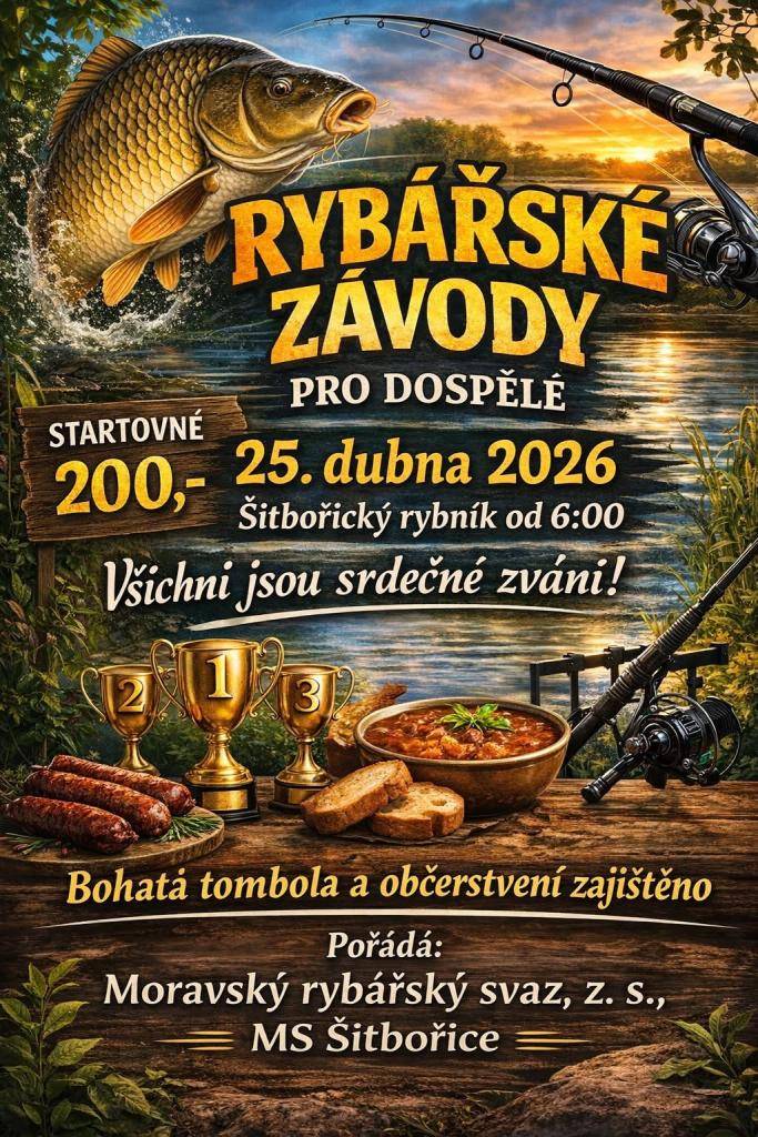 RYBÁŘSKÉ ZÁVODY PRO DOSPĚLÉ  25. dubna 2026 od 6:00 hod. na rybníku  Startovné 200 Kč   Bohatá tombola a občerstvení zajištěno