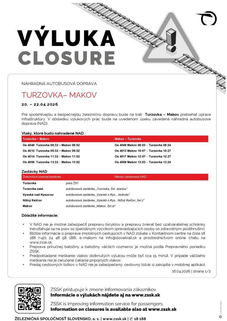 NÁHRADNÁ AUTOBUSOVÁ DOPRAVA  TURZOVKA - Makov  20. – 24.04.2026