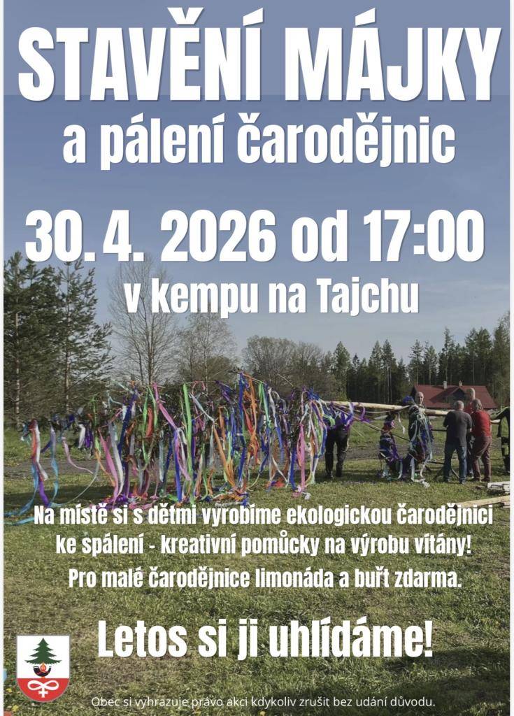 Na místě si s dětmi vyrobíme ekologickou čarodějnici ke spálení. Těšíme se na všechny!