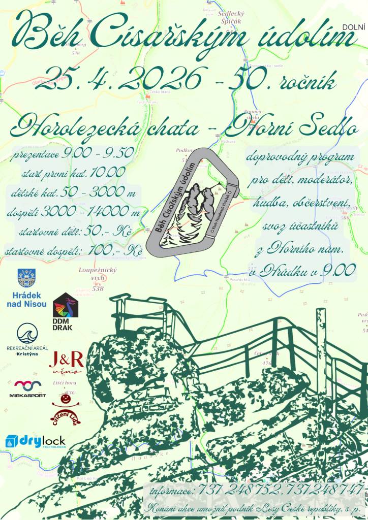 25.4.2026 ,horolezecká chata - Horní Sedlo , prezentace 9 - 9:50 h, start první kat. v 10 hodin, startovné děti 50,-- , dospělí 100,-- , svoz účastníků z Horního náměstí v Hrádku v 9 hodi