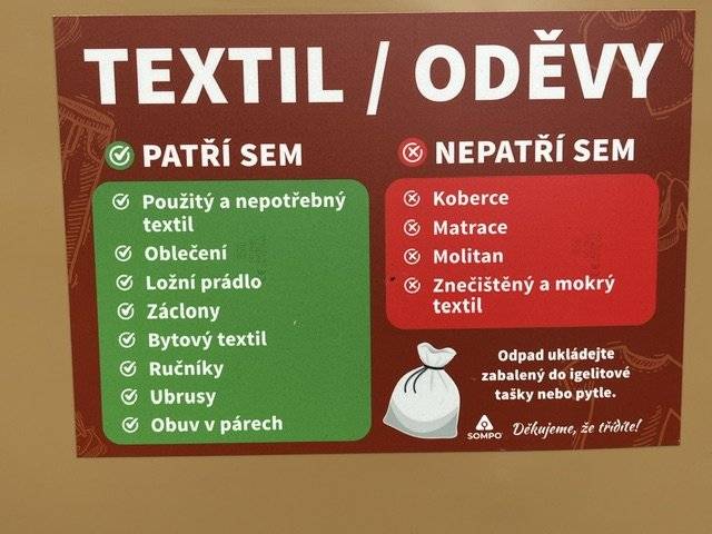 Dnes byl do kontejnérového stání za mlékárnou umístěn kontejner na textil. Co do něj patří a nepatří znázorňuje nálepka na něm (viz příloha).
