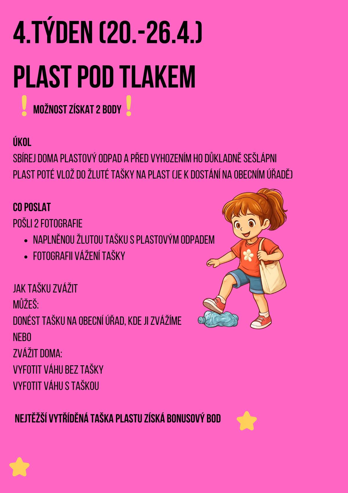 V předposledním, čtvrtém týdnu soutěžní výzvy Duben bez odpadu můžete opět získat rovnou 2 body a vyhrát ceny za 10 000 Kč! Úkol zní - plast pod tlakem!  Vyfoťte naplněnou žlutou tašku na plasty (určitě ji máte, pokud ne, je k dostání zdarma na obecním úřadě), fotku pošlete na ou@obecjirikov.cz a bod je váš. Bonusový bod – nejtěžší taška získává bod navíc (stačí poslat fotku zvážené tašky, kreativitě zvážení tašky se meze nekladou). Proč to řešíme? Protože sešlápnutý plast šetří místo v kontejneru → méně časté vývozy → šetří se obecní kasa a životní prostředí = více prostředků na obecní akce a rozvoj okolí. Co s tím? Nebuď labuť a sešlapávej. Sousedy pak nenaštve plný žlutý kontejner!