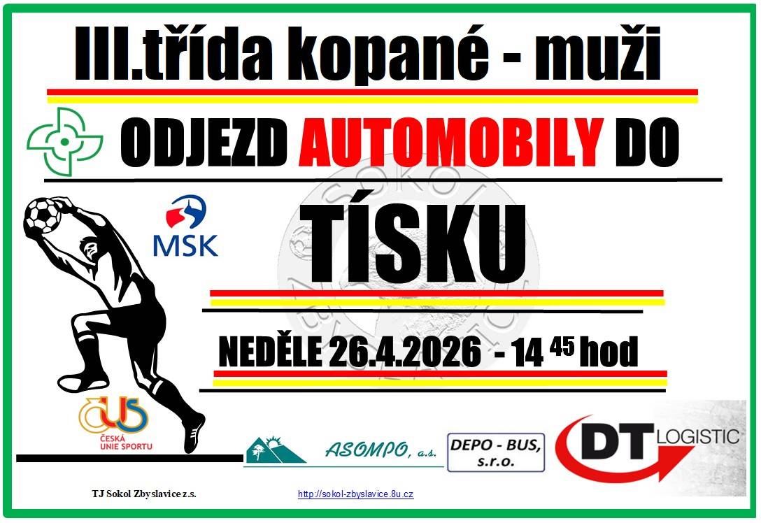 TJ Sokol Zbyslavice se v neděli 26. 4. představí v Tísku. Odjezd je ve 14:45 od zastávky.