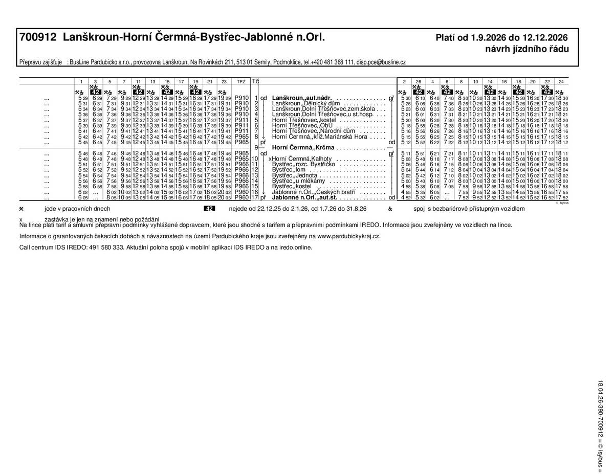 Na základě podnětů cestujících a potřeby lepšího zajištění návazností připravilo oddělení dopravní obslužnosti, odbor dopravy a silničního hospodářství, Krajský úřad Pardubického kraje návrhy autobusových jízdních řádů linek 700912 Lanškroun - Horní Čermná - Jablonné a 700913 Lanškroun - Dolní Čermná - Letohrad s předpokládanou platností od 1. 9. 2026. V tabulkách jízdních řádů jsou pro přehlednost obsaženy pouze pracovní dny. Víkendové spoje zůstávají beze změny, jako dnes. Připomínky posílejte prosím na e-mailovou adresu Obecního úřadu: zuzana.kulhankova@bystrec.cz nebo přímo na jindrich.skripko@pardubickykraj.cz (telefon: +420 774 344 108) nejpozději do 7. května 2026. Nebudou-li k návrhům jízdních řádů významné negativní připomínky, předpokládá se částečná realizace již od 14. 6. 2026, a to z důvodu prověření a stabilizace během letních prázdnin. Co je navrženo změnit (výčet nejvýznamnějších změn): 1) Linka 700915 je sloučena do linky 700913. Viz tabulka jízdního řádu. 2) Na lince 700912 je první ranní spoj z Lanškrouna (odjezd 4:52) navržen k přetrasování přes Dolní Čermnou, aby bylo pro tuto obec zajištěno lepší spojení na ranní směnu do Jablonného. Naopak by tento spoj neobsloužil Bystřec, který však má spojení na půl šestou do Jablonného zajištěné linkou 700964. 3) Odjezdy odpoledních spojů z Lanškrouna na lince 700912 jsou sjednoceny na 29. minutu, aby se bezpečně stíhaly návaznosti na vlaky a autobusy v Jablonném. Zároveň jsou zajištěny přestupy v Horní Čermné na relaci z Třešňovce směr Dolní Čermná a Letohrad. 4) Pro spojení ze SŠ zemědělské a veterinární po odpoledním vyučování je navržen nový spoj č. 29 na lince 700913 (odjezd 16:04 od školy), aby žáci jedoucí v tomto směru nemuseli odcházet dříve z výuky. Spoj pojede přes Horní Čermnou a Dolní Čermnou do Jablonného, kde bude navazovat vlak do Letohradu a autobusy do Žamberka a Bystřece. 5) Odpolední spojení z Jablonného do Dolní Čermné je vzhledem k velmi nízké poptávce navrženo s přestupem v Horní Čermné (Jablonné 15:52 - Horní Čermná 16:11/16:16 - Dolní Čermná 16:23). 6) Na lince 700913 jsou uspíšeny odpolední odjezdy z Lanškrouna na 14:36, 15:36 a 16:36 z důvodu spolehlivého zajištění návazností v Dolní Čermné směr Ústí a v Letohradě. 7) Některé spoje na lince 700913 v okrajových částech dne jsou přetrasovány přes Třešňovec, jelikož u nich není evidována téměř žádná poptávka do/z Nepomuk. Nebo jsou v daný čas Nepomuky obslouženy linkou 700964. 8) Školní spojení letohradské místní části Kunčice pojede jako linka 700911 (ve shodném čase jako dnes). Důvodem je skutečnost, že žáci jedoucí od Verměřovic na náměstí, popř. do průmyslové školy, museli nyní obkroužit autobusem přes Kunčice. Nově pojede školní spoj linky 700913 z autobusového nádraží ihned jako linka 700972 přes náměstí směr Písečná, takže žáci se rychleji dostanou na náměstí. 9) Je navržen nový pár spojů na lince 700913 Lanškroun - Letohrad a zpět z důvodu lepšího odpoledního spojení ze zaměstnání (Lanškroun 17:36 - Letohrad 18:23; Letohrad 18:41 - Lanškroun 19:25). Zároveň je u spoje z Letohradu po 19. hodině navrženo opoždění (nově odjezd 20:41), aby lépe zajistil spojení na noční směnu do Lanškrouna. 10) Prozatím není dořešeno spojení z odpolední výuky na ZŠ Horní Čermná směr Bystřec. Řešení bude připraveno v závislosti na došlých připomínkách k těmto návrhům jízdních řádů. 11) Je navržena rozšířená obsluha obce Petrovice závlekem linky 700913 v časech, kdy nejede linka 700904 (v 5:54 směr Lanškroun; příjezdy z Lanškrouna v 18:04, 19:04, 21:04). Toto bude realizováno až po dokončení stavby mostu. Děkujeme za vaše podněty