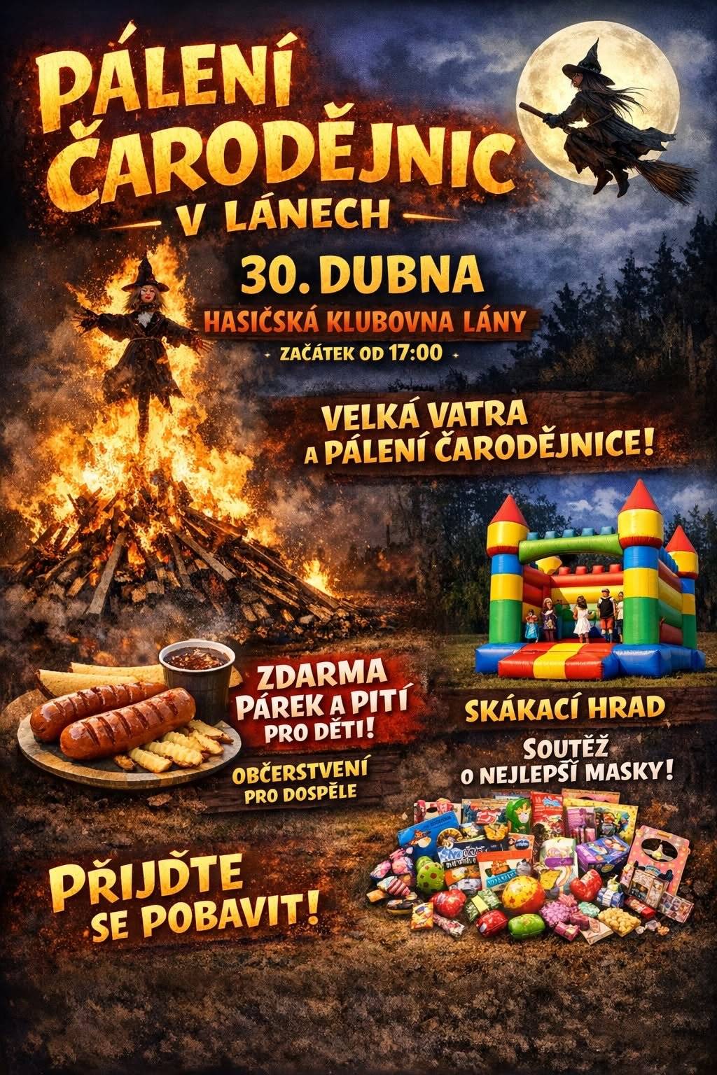 Pozvánka na pálení čarodějnic v Lánech dne 30. 4. 2026 od 17:00 hodin u klubovny SDH.