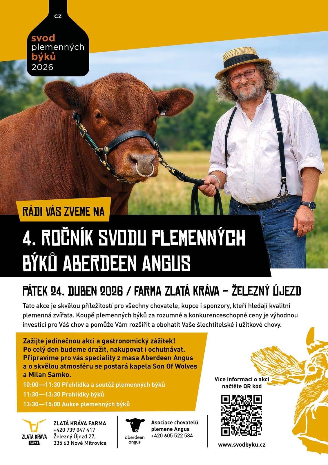 Přijměte pozvání na čtvrtý ročník svodu plemenných býků Aberdeen Angus, který se bude konat v pátek 24. dubna 2026 na Farmě Zlatá Kráva v Železném Újezdě.