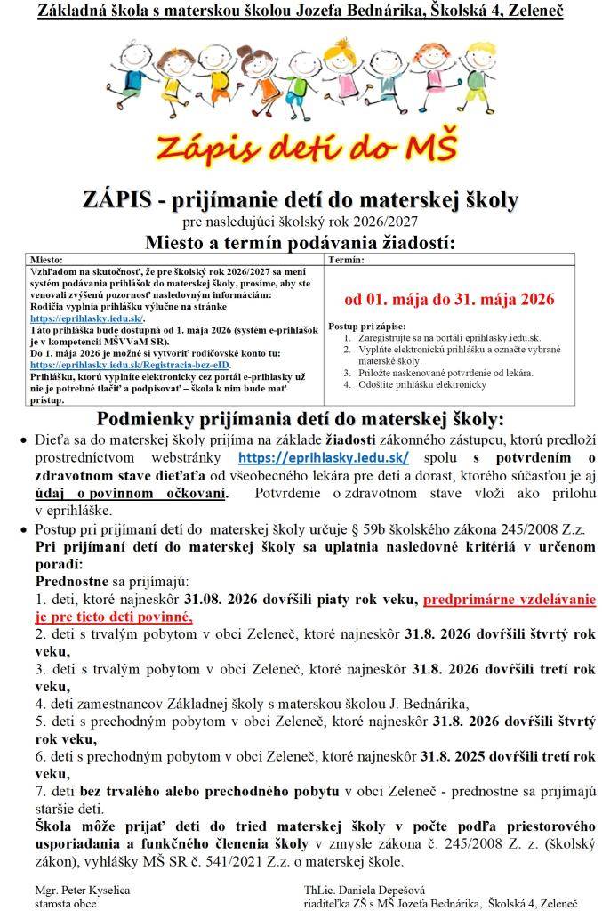 Zápis detí do MŠ 2026-2027