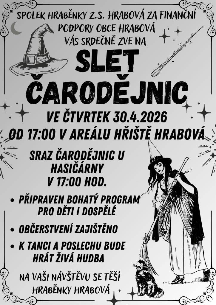 Spolek Hraběnky z.s. Hrabová srdečně zve na Slet čarodějnic, který se uskuteční ve čtvrtek 30. 4. 2026. od 17. hod. v areálu hřiště Hrabová. Připraven je bohatý program, živá hudba i občerstvení.