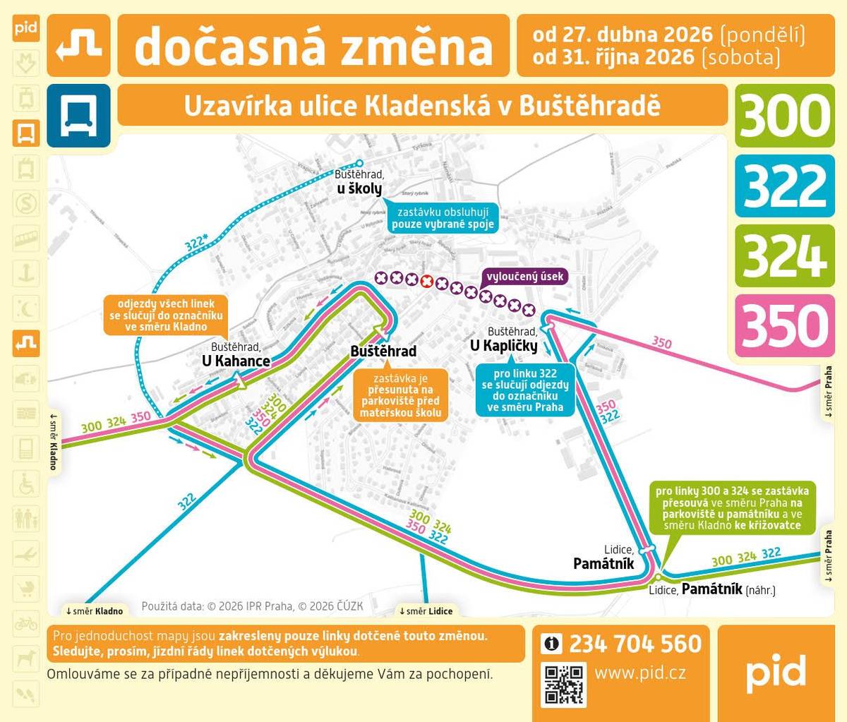 Vážení spoluobčané, přinášíme nejnovější informace o změnách v autobusové dopravě po dobu uzavírky od 27. 4. do 31. 11. 2026. Náhradní autobusová zastávka za zasávku "Buštěhrad" (u Macíků) pro autobusy č. 300, 324, 350, 322 bude před mateřskou školou v Hřebečské ulici, a to pro oba směry.  Tím pádem budou dočasně zrušena parkovací místa před MŠ a bude otevřen zadní vchod do MŠ z ulice Javorové. Autobusy budou jezdit jednosměrně po trase Hřebečská - 5. května - Kladenská, a to rovněž pro oba směry. Na zastávku U Kapličky budou zaíždět pouze autobusy č. 322 a 350.   S pozdravem Vaše starostka