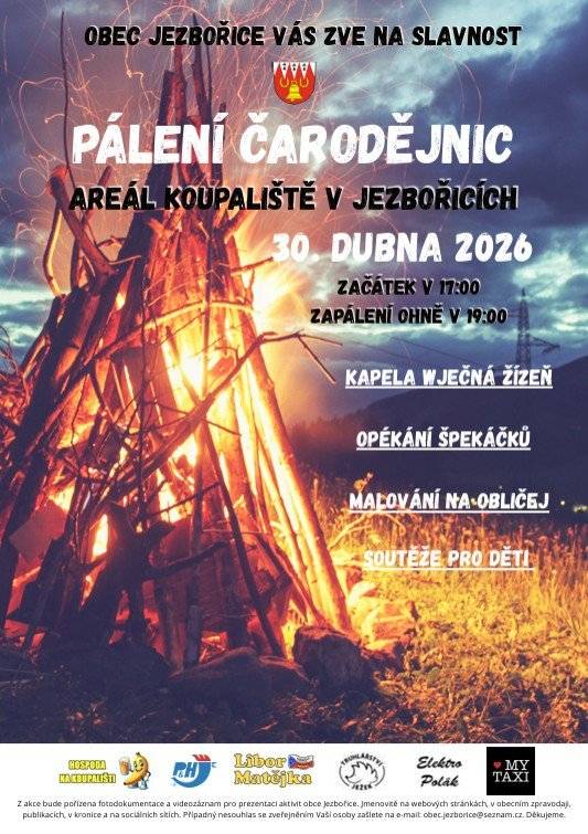 Pro všechny malé čarodějnice a černokněžníky - zábavné odpoledne plné soutěží, her, opékání špekáčků, které se koná ve čtvrtek 30.4.2026 od 17:00 v Jezbořicích v areálu koupaliště. Těšíme se na Vás.