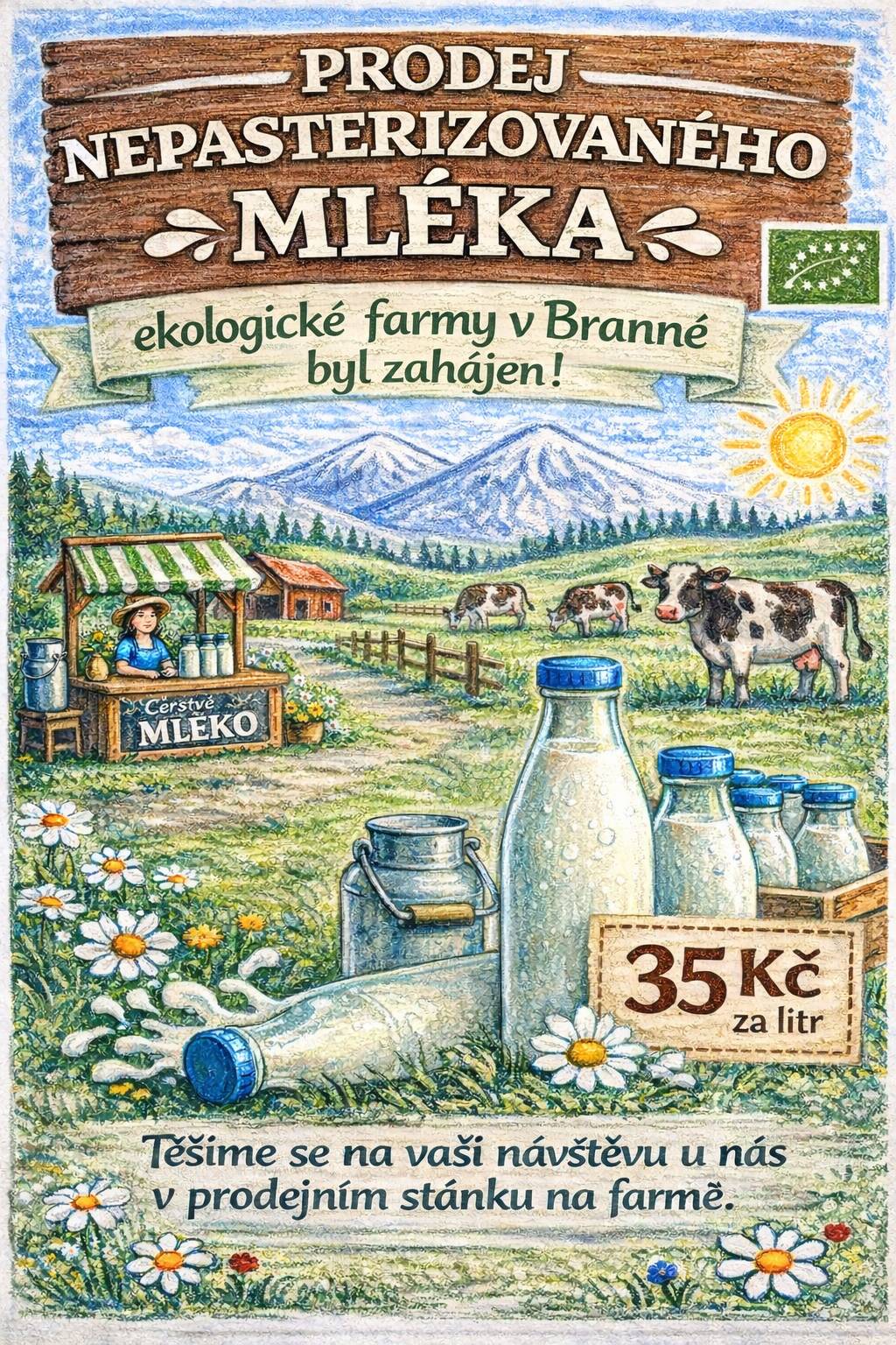 Vážení spoluobčané, v pátek 17.4. byl zahájen prodej nepasterizovaného mléka přímo na farmě v modrém stánku. Farma tímto přispívá k větší nabídce lokální produkce v našem regionu a prezentaci ekologického způsobu hospodaření v Jeseníkách.