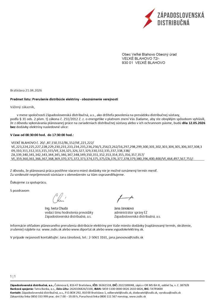 Plánované prerušenie distribúcie elektriny dňa 12.05.2026 v čase 08:30 hod. do 17:30 hod.