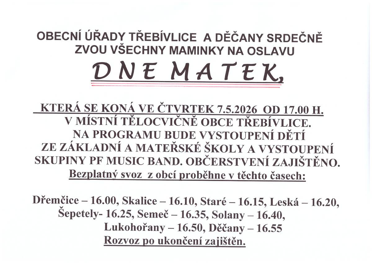 Obecní úřady Třebívlice a Děčany zvou na tradiční odpoledne ke Dni matek dne 7.5.2026