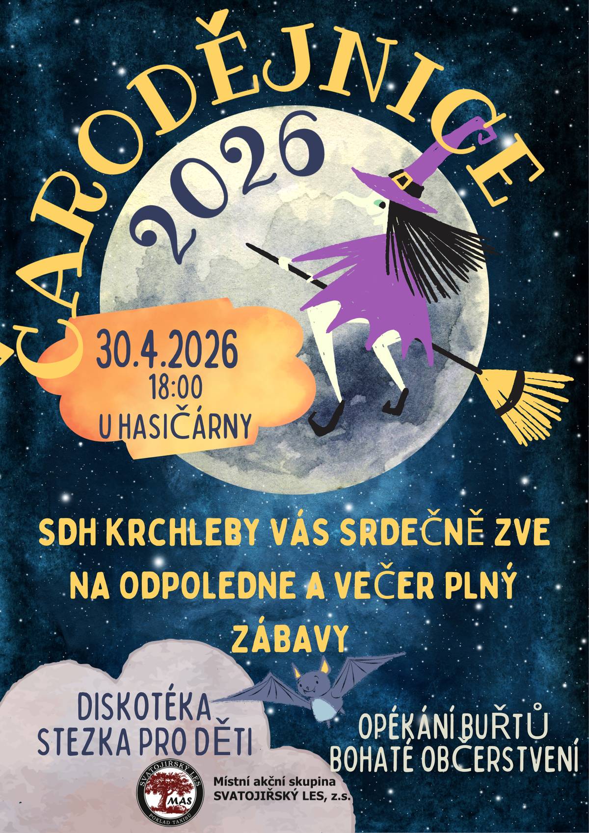 Sbor dobrovolných hasičů Krchleby Vás srdečně zve na tradiční pálení čarodějnic, které se uskuteční: 📅 30. 4. 2026 ⏰ od 18:00 📍 u hasičárny Těšit se můžete na: 🎶 diskotéku 🧒 stezku pro děti 🔥 opékání buřtů 🍻 bohaté občerstvení Přijďte si užít příjemnou atmosféru a společně přivítat jaro.🌸
