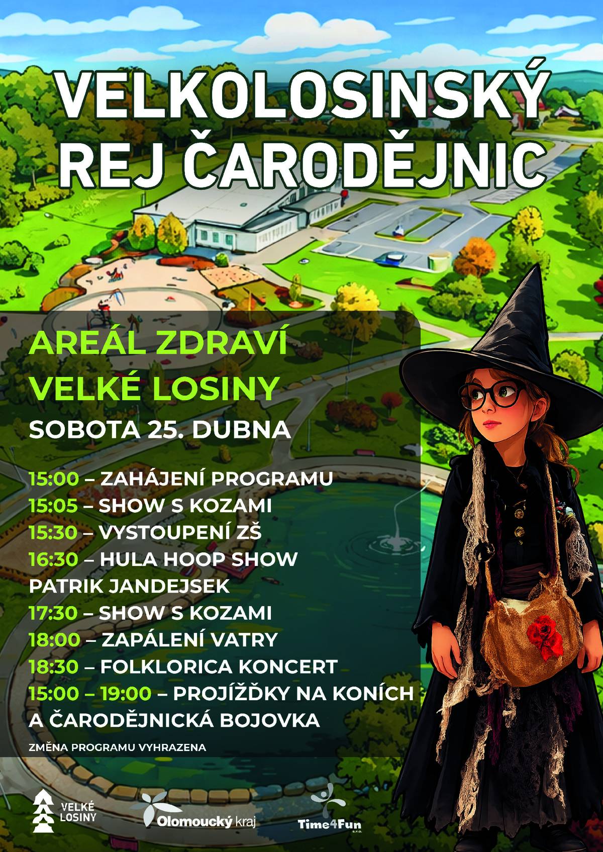 V sobotu 25.4. od 15:00 hod.vás zveme na Velkolosinský rej čarodějnic v Areálu zdraví.Akci zahájí vystoupení školního sboru Pramínek.