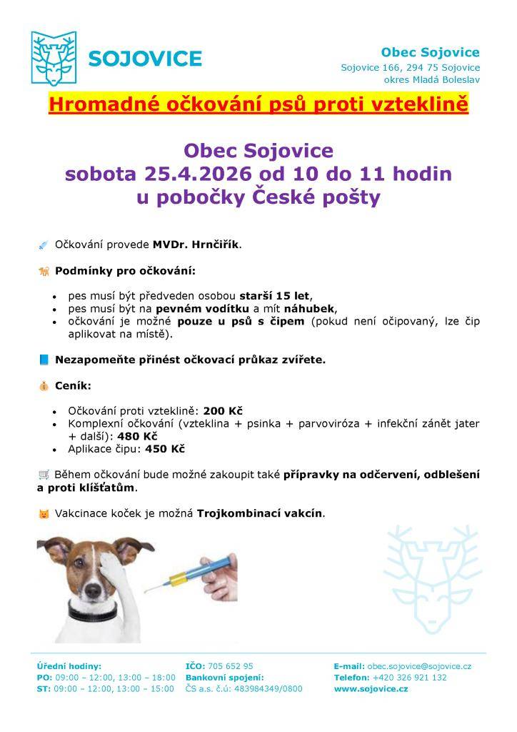 Hromadné očkování psů proti vzteklině, obec Sojovice, sobota 25.4.2026 od 10:00 do 11:00 hodin u pobočky České pošty