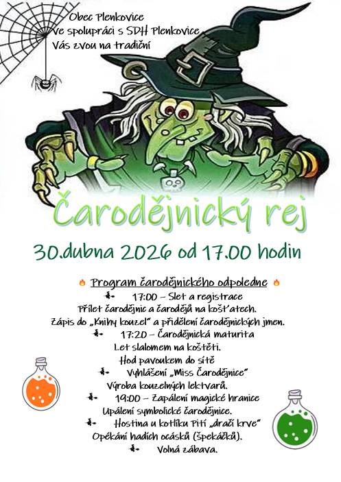 Zveme vás na Čarodějnické odpoledne, které se koná 30. dubna 2026 od 17.00 hodin. Připravili jsme pro vás zábavný program, který potěší jak děti, tak dospělé.