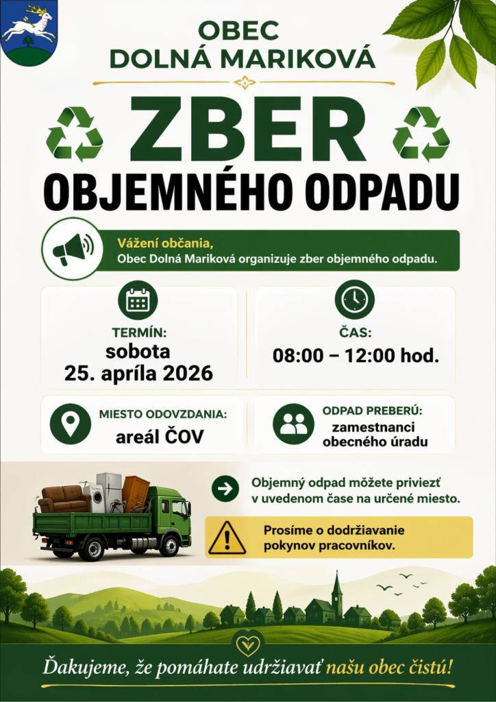 V sobotu 25. apríla v čase od 8.00 - 12.00 hod. môžete takýto odpad priviezť do areálu ČOV, kde ho od Vás preberú zamestnanci Obecného úradu.