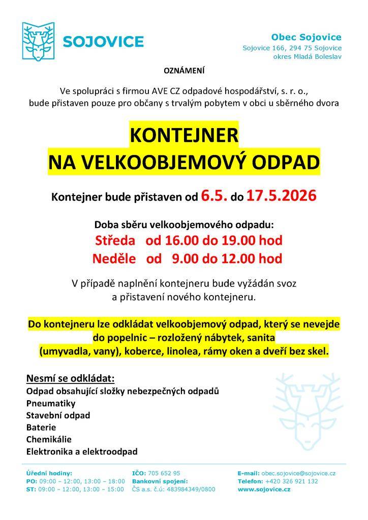 Kontejner bude přistaven od 6.5. do 17.5.2026