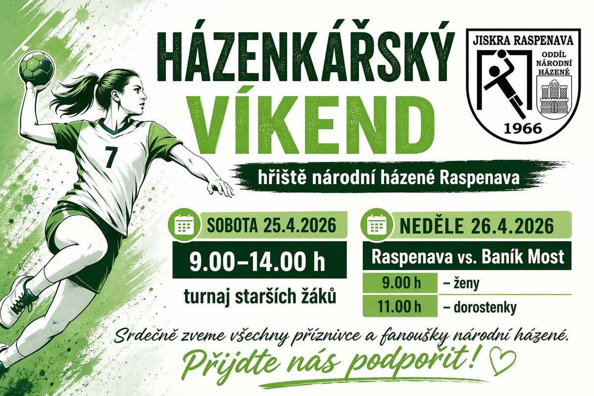 V sobotu a neděli na házenkářské hřiště v Raspenavě probíhá  HÁZENKÁŘSKÝ VÍKEND Sobota 25. 4. 2026 od 9 do 14 hodin turnaj starších žáků Neděle 26. 4. 2026 Raspenava vs. Baník Most od 9 hodin - ženy od 11 hodin - dorostenky