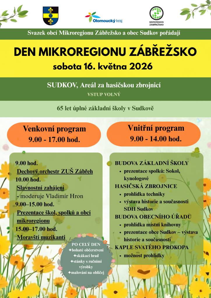 Svazek obcí Mikroregionu Zábřežsko a obec Sudkov pořádají v sobotu 16. 5. 2026 Den Mikroregionu Zábřežsko.
