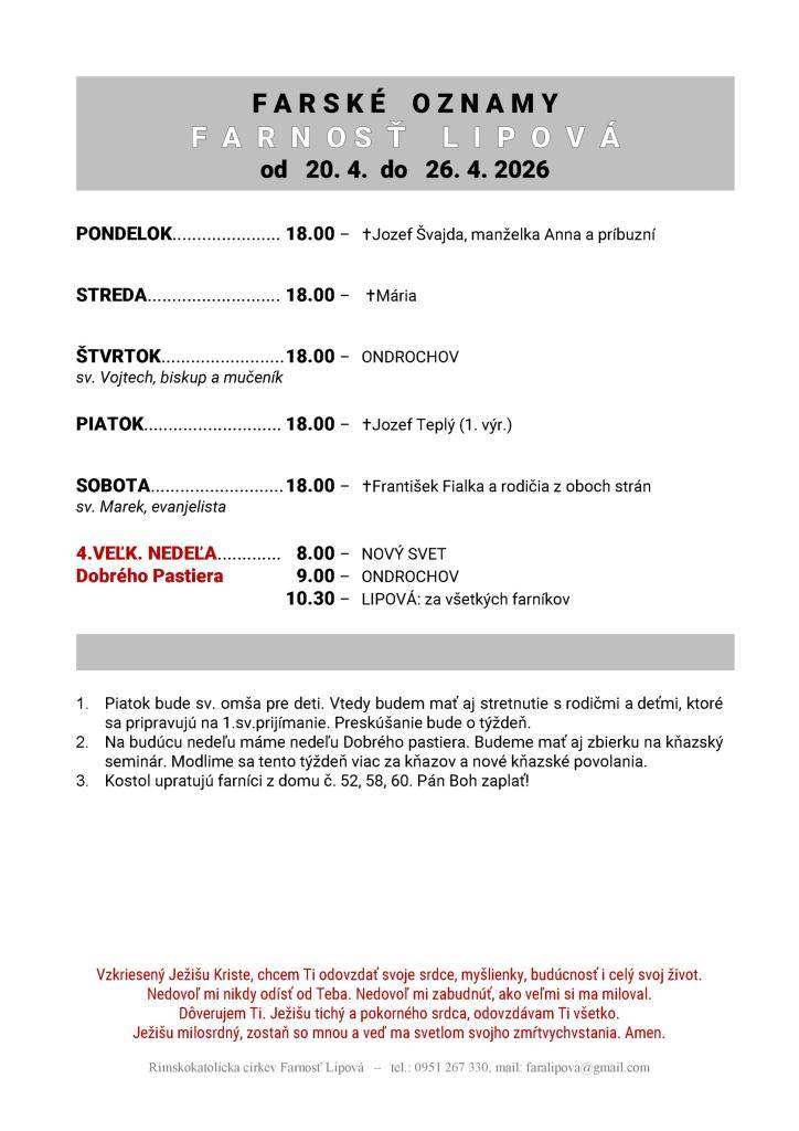 Poriadok bohoslužieb od 20.04. do 26.04.2026