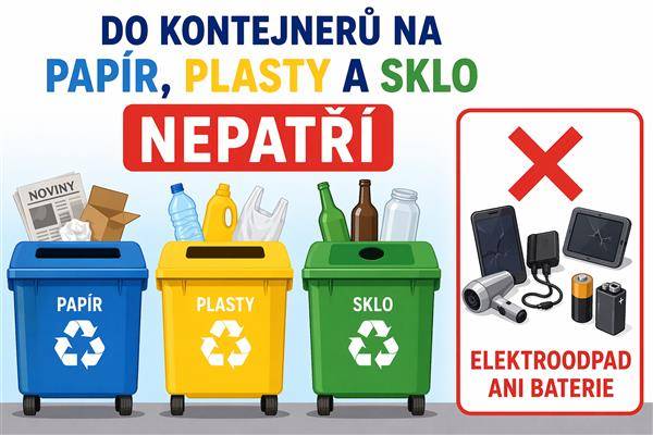 Upozorňujeme občany, že do kontejnerů na papír, plasty a sklo nepatří elektroodpad ani baterie. Přesto se tyto věci v tříděném odpadu opakovaně objevují, což je nesprávné. Do těchto kontejnerů nevhazujte elektrospotřebiče (malé ani velké), baterie, akumulátory, kabely ani jinou elektroniku. Nesprávným tříděním dochází k ohrožení pracovníků, kteří odpad dále zpracovávají, zároveň hrozí riziko vzniku požáru a narušení celého systému třídění. Takové jednání také zbytečně zatěžuje životní prostředí.