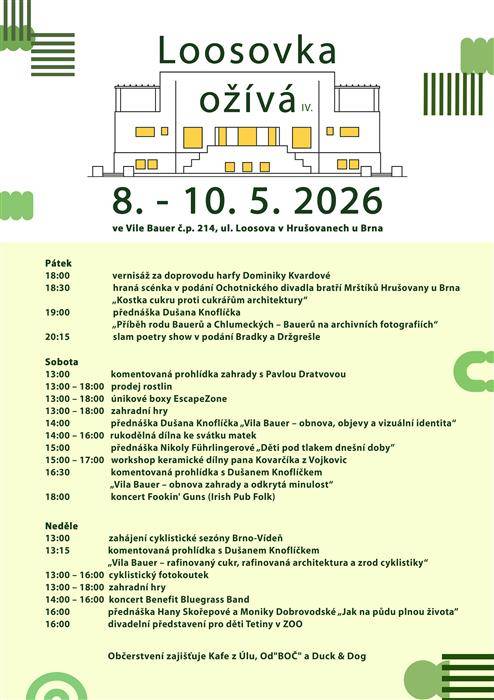 Obec Hrušovany u Brna zpřístupní ve dnech 8.–10. května 2026 veřejnosti vilu Bauer, významnou památku moderní architektury spojenou se jménem Adolfa Loose. Návštěvníci budou mít mimořádnou příležitost projít si běžně nepřístupné prostory a zažít autentickou atmosféru místa doplněnou o kulturní program.